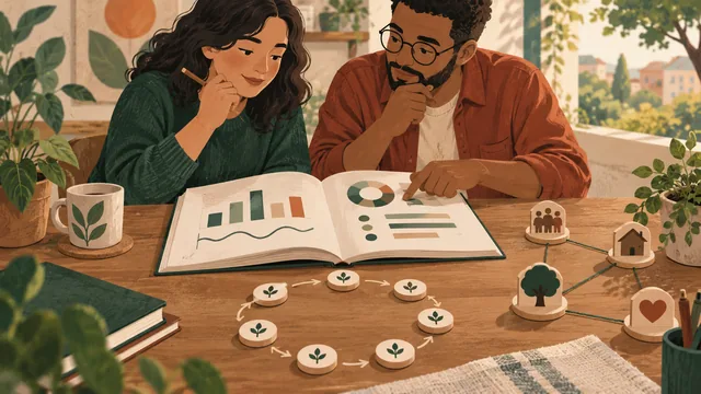 Ilustração de duas pessoas analisando um relatório com séries abstratas e marcadores circulares ligados a símbolos de comunidade.