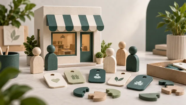 Miniatura de uma loja, figuras de madeira e peças organizadas sobre uma mesa.