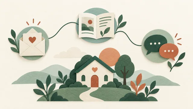 Ilustração de uma casa comunitária cercada por envelope com coração, livreto e balões de conversa, ligados por uma linha curva.