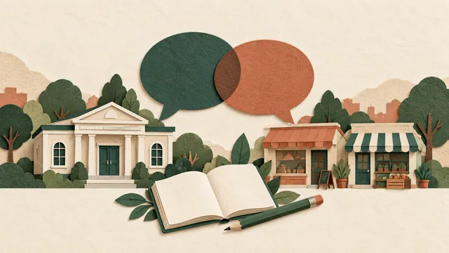 Ilustração de uma sede institucional e lojas, com balões de conversa, caderno aberto e lápis entre elas.