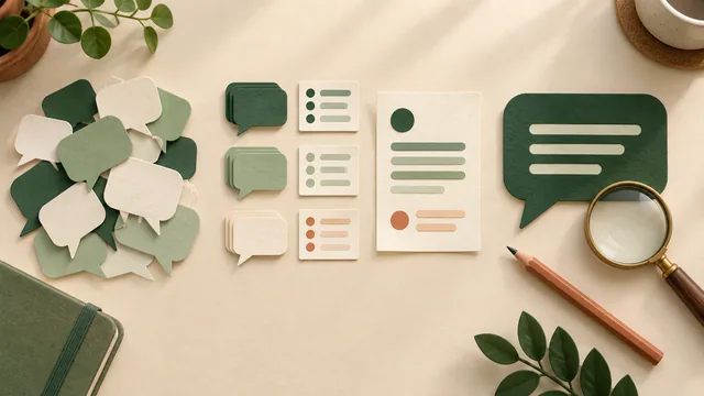 Balões de conversa de papel organizados em grupos, uma ficha de resumo, lápis e lupa sobre uma mesa.