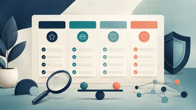 Ilustração conceitual de critérios de avaliação, com cartões abstratos, lupa, escudo e elementos conectados.